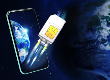 Image of Fast internet connection. SIM card flying out of smartphone in space