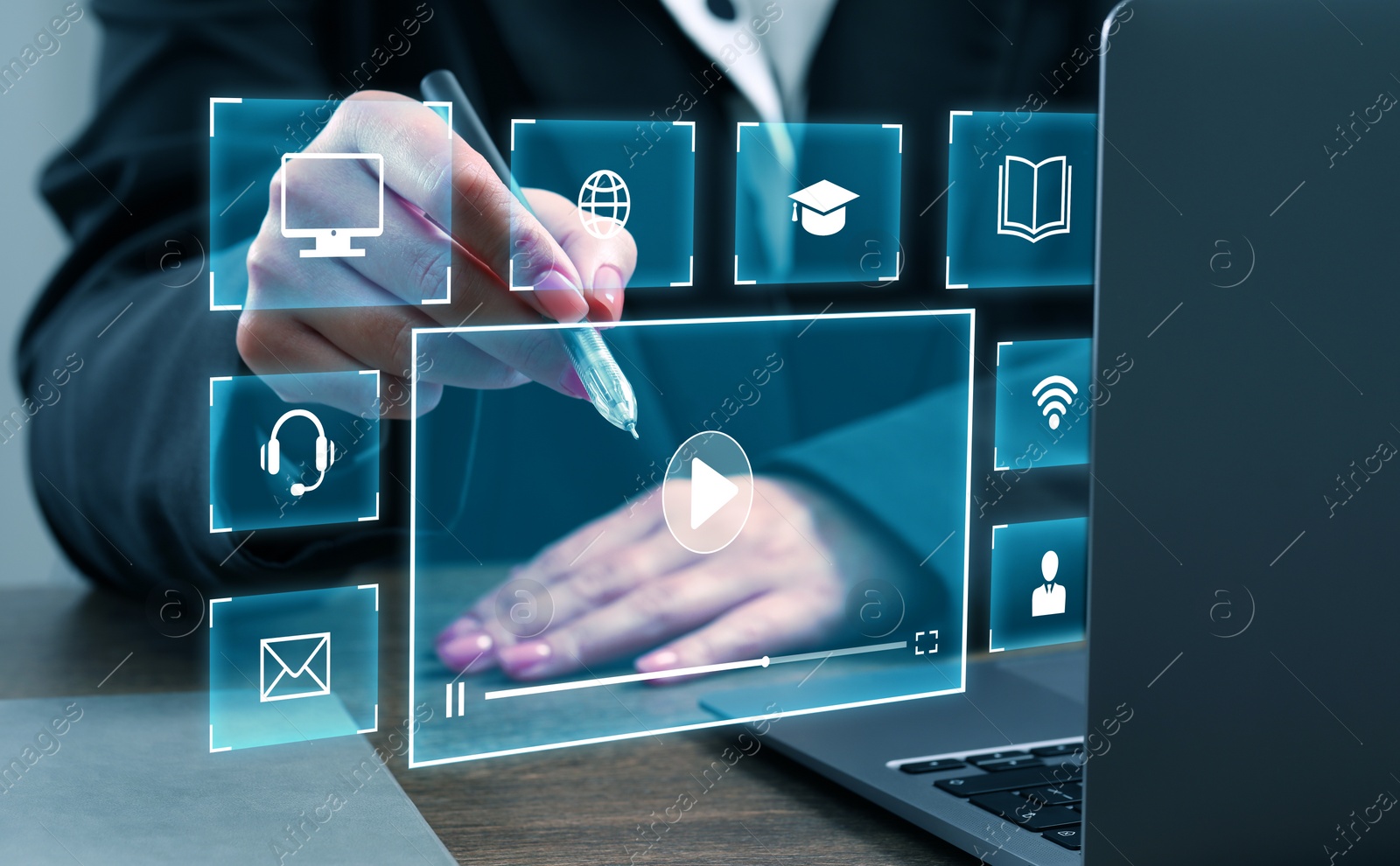 Image of Webinar. Woman using virtual screen over laptop at table, closeup