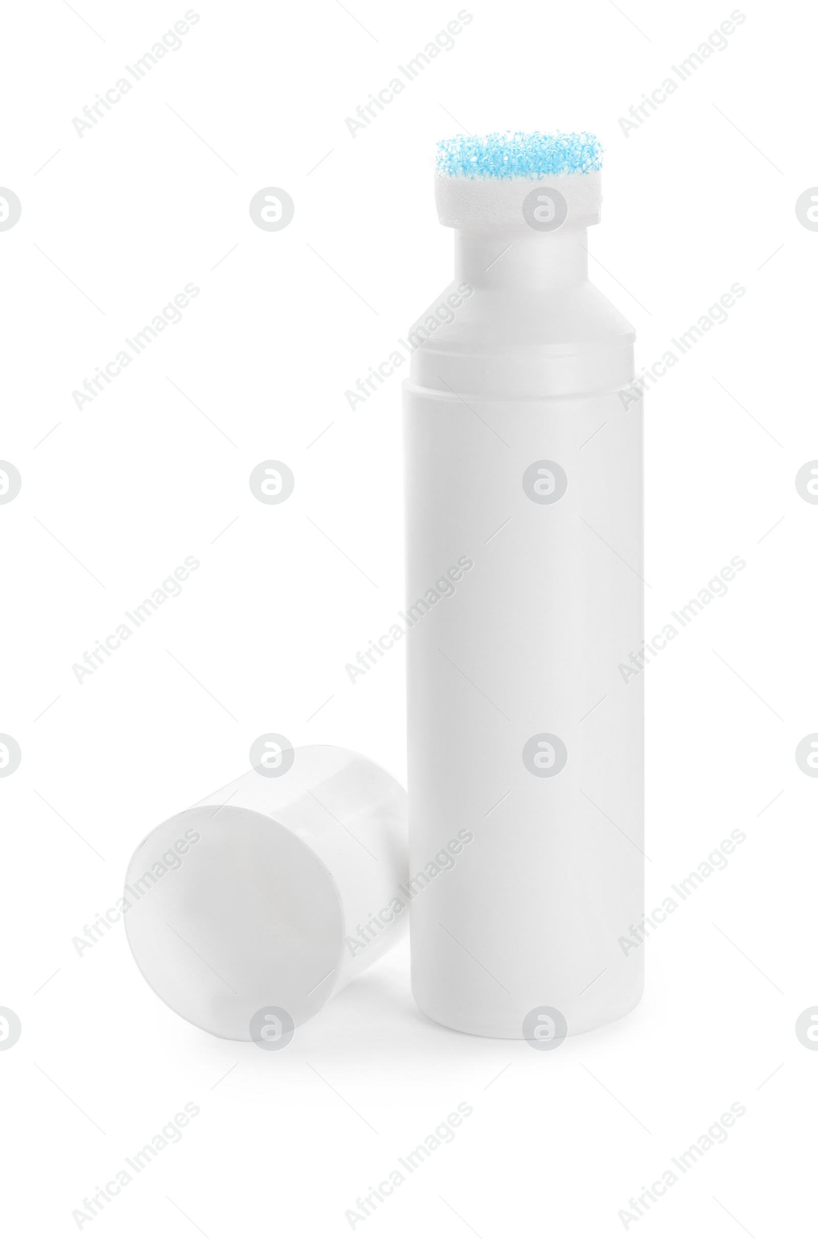 Photo of Blank bottle of shoe care product isolated on white