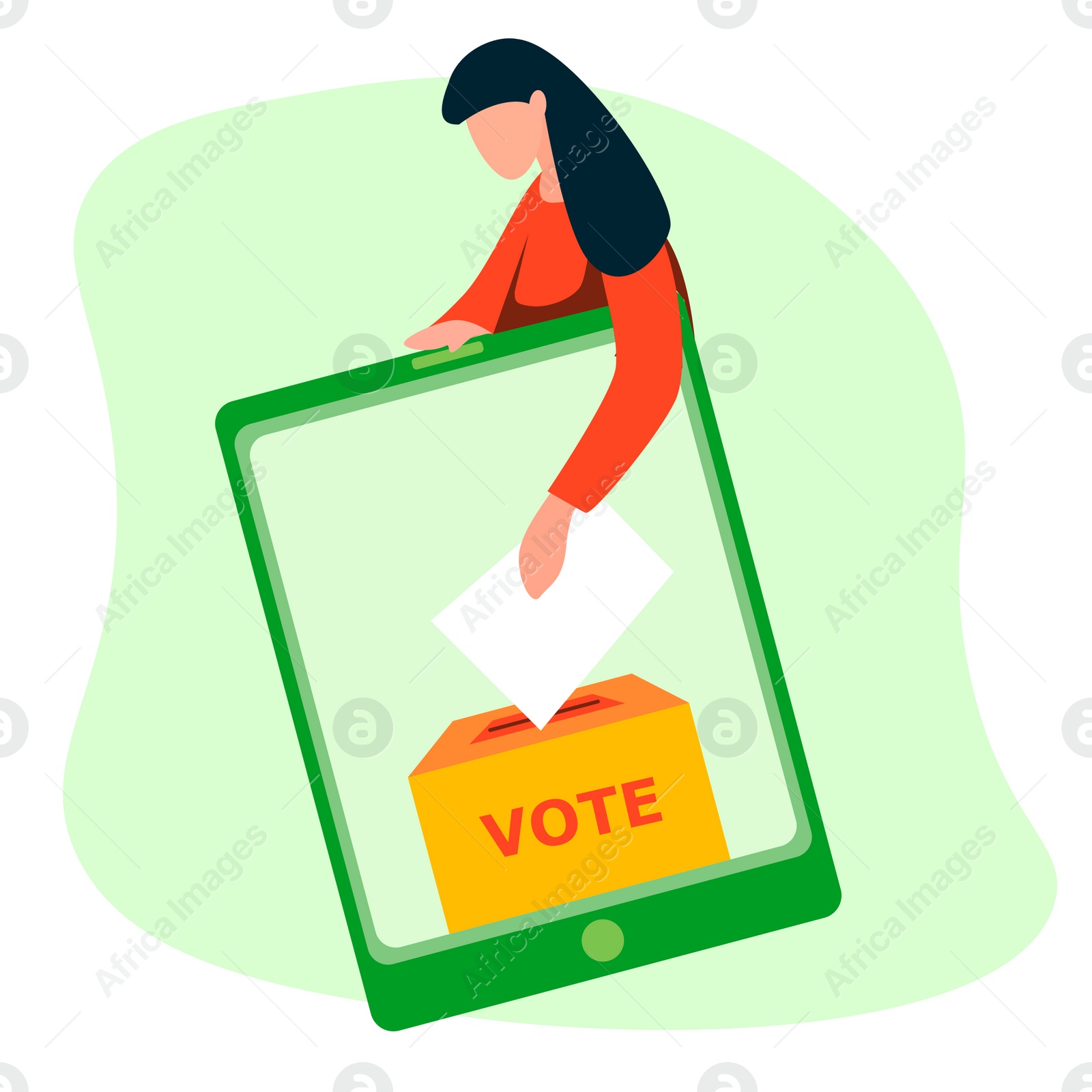 Illustration of  woman and tablet on white background. Online voting concept