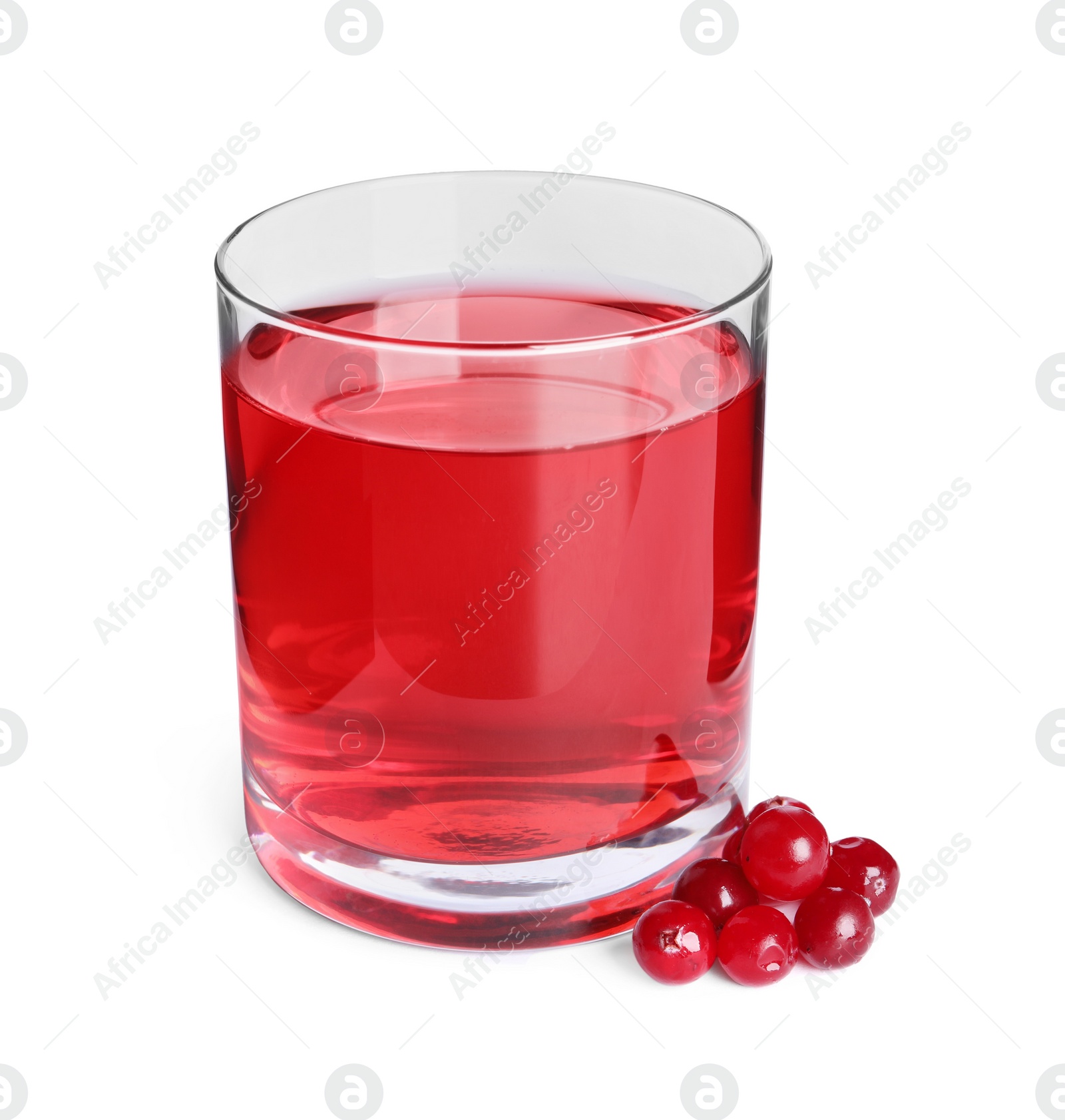 Photo of Tasty refreshing cranberry juice in glass and fresh berries isolated on white