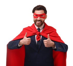 Happy businessman in red superhero cape and mask showing thumbs up on white background