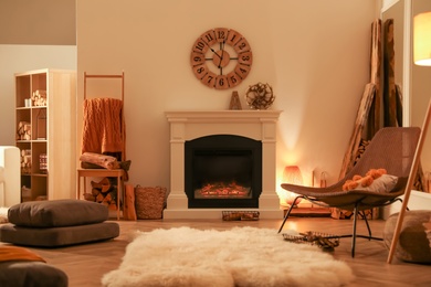 Beautiful view of cozy living room interior with fireplace