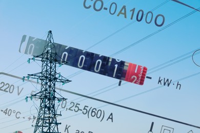 Double exposure of electricity meter and high voltage tower with transmission power lines