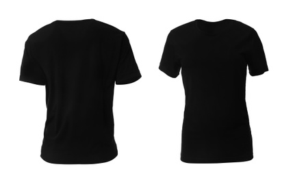 Image of Black t-shirts on white background. Space for design