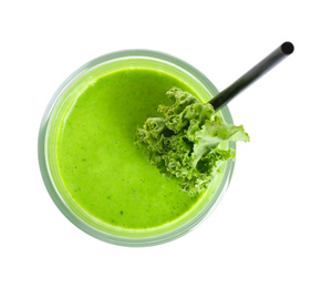 Photo of Tasty fresh kale smoothie on white background, top view