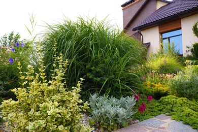 Beautiful landscape with green garden near modern house on summer day