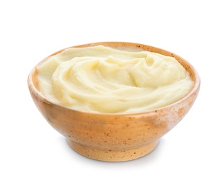 Photo of Bowl with tasty mashed potatoes on white background