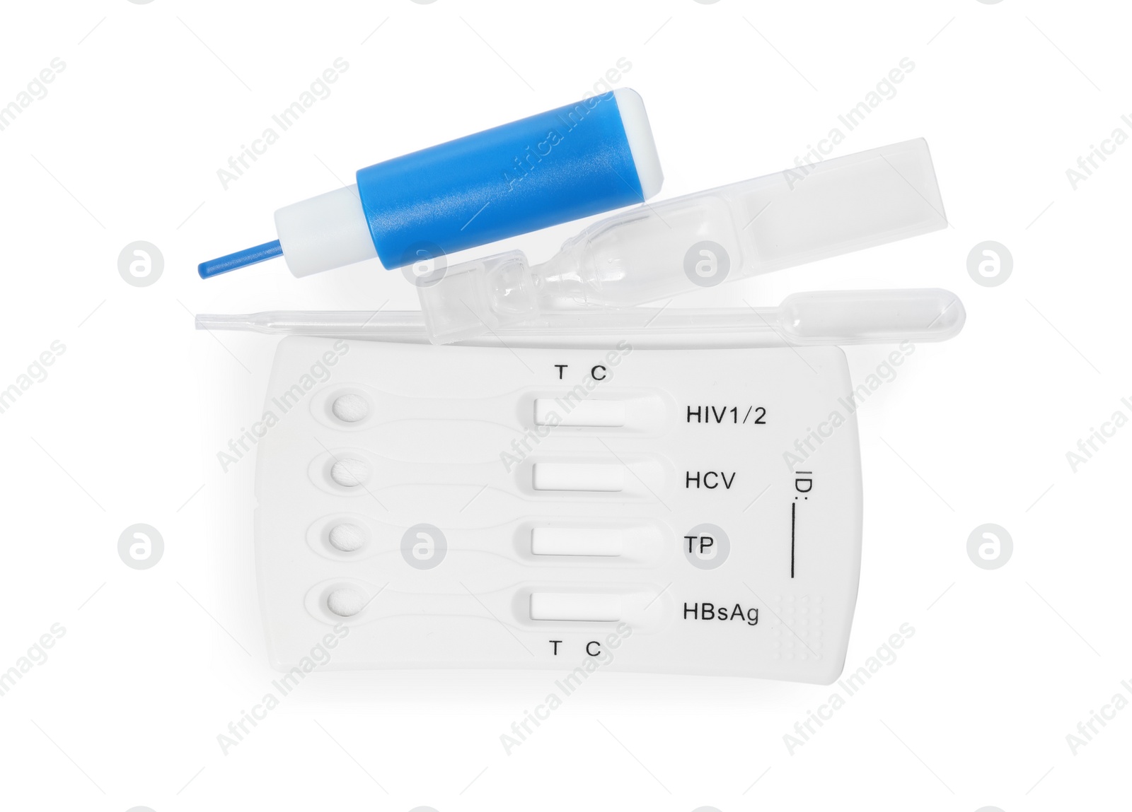 Photo of Disposable express test kit for hepatitis on white background, top view