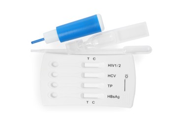 Photo of Disposable express test kit for hepatitis on white background, top view