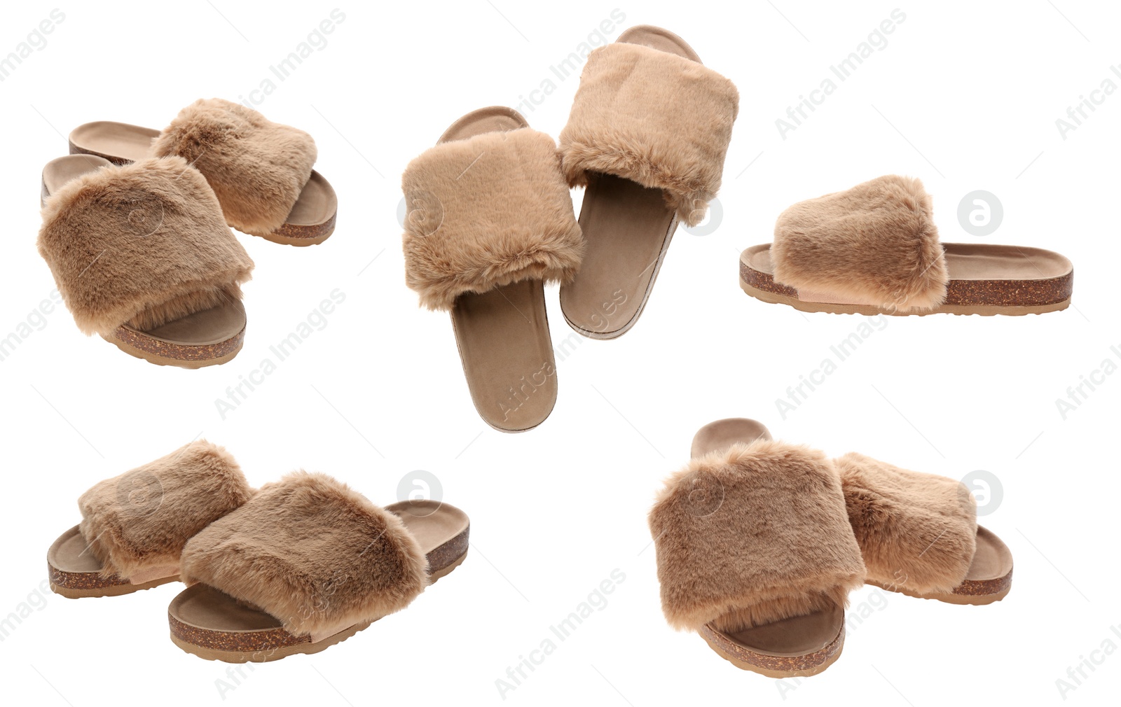 Image of Collage with fluffy slippers on white background