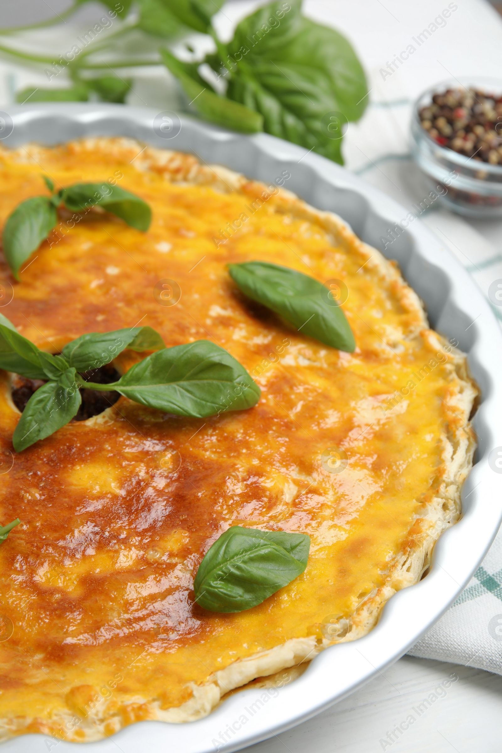 Photo of Delicious pie with minced meat on table, closeup