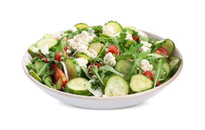 Plate of delicious cucumber salad isolated on white