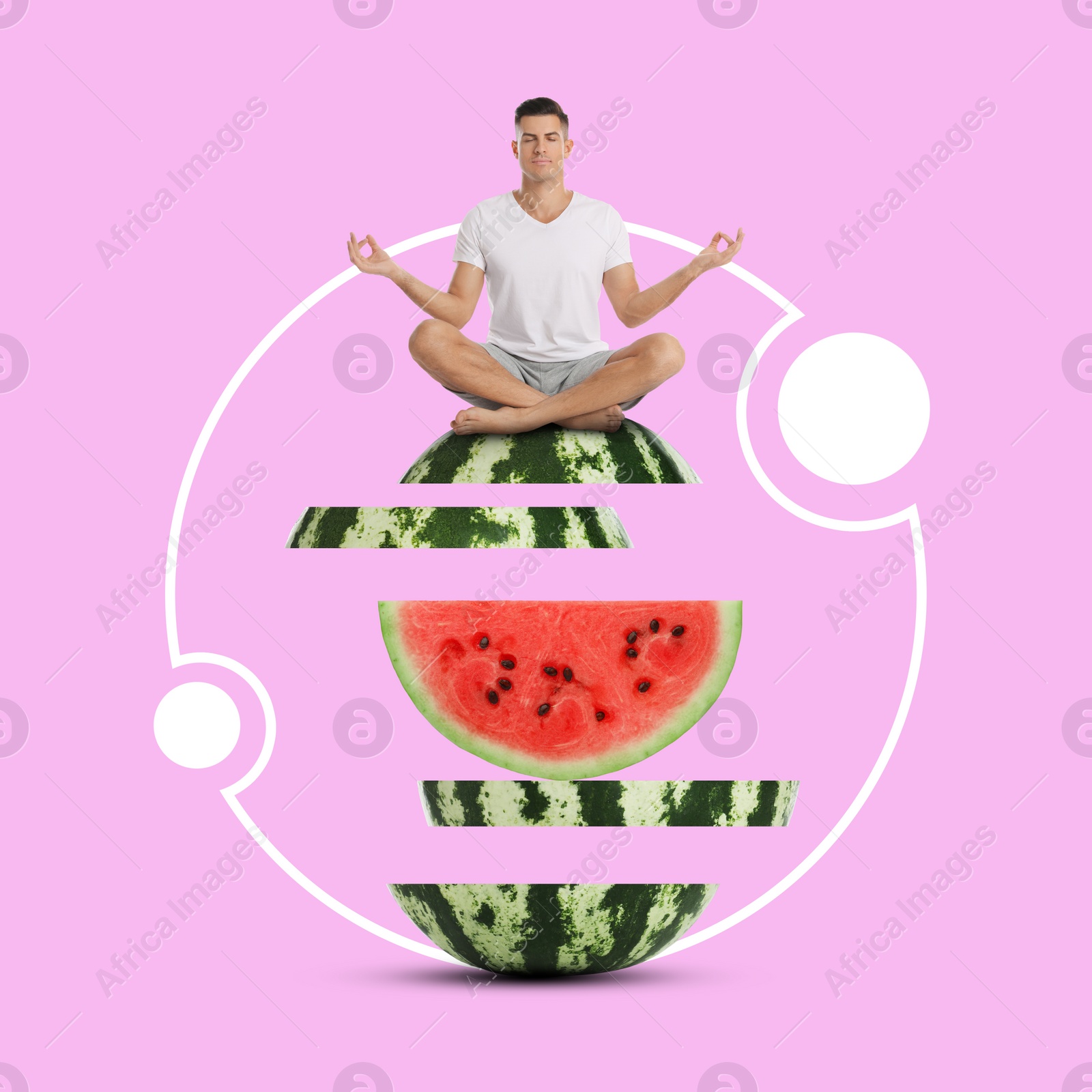Image of Happy man meditating on top of cut watermelon against pink background. Bright creative design