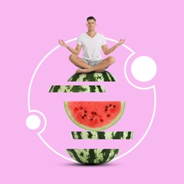 Image of Happy man meditating on top of cut watermelon against pink background. Bright creative design
