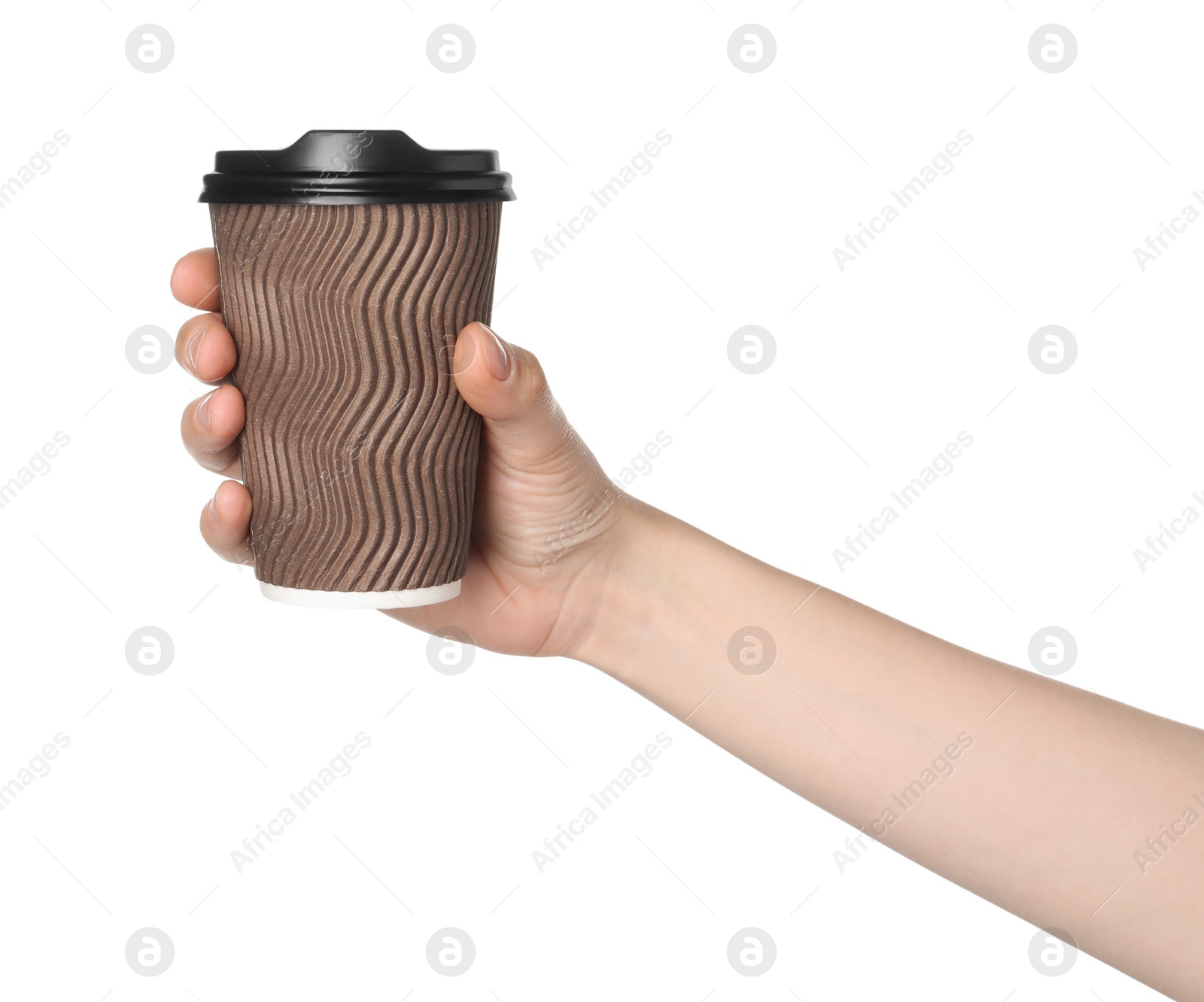 Photo of Woman holding paper cup of tasty drink on white background. Coffee to go