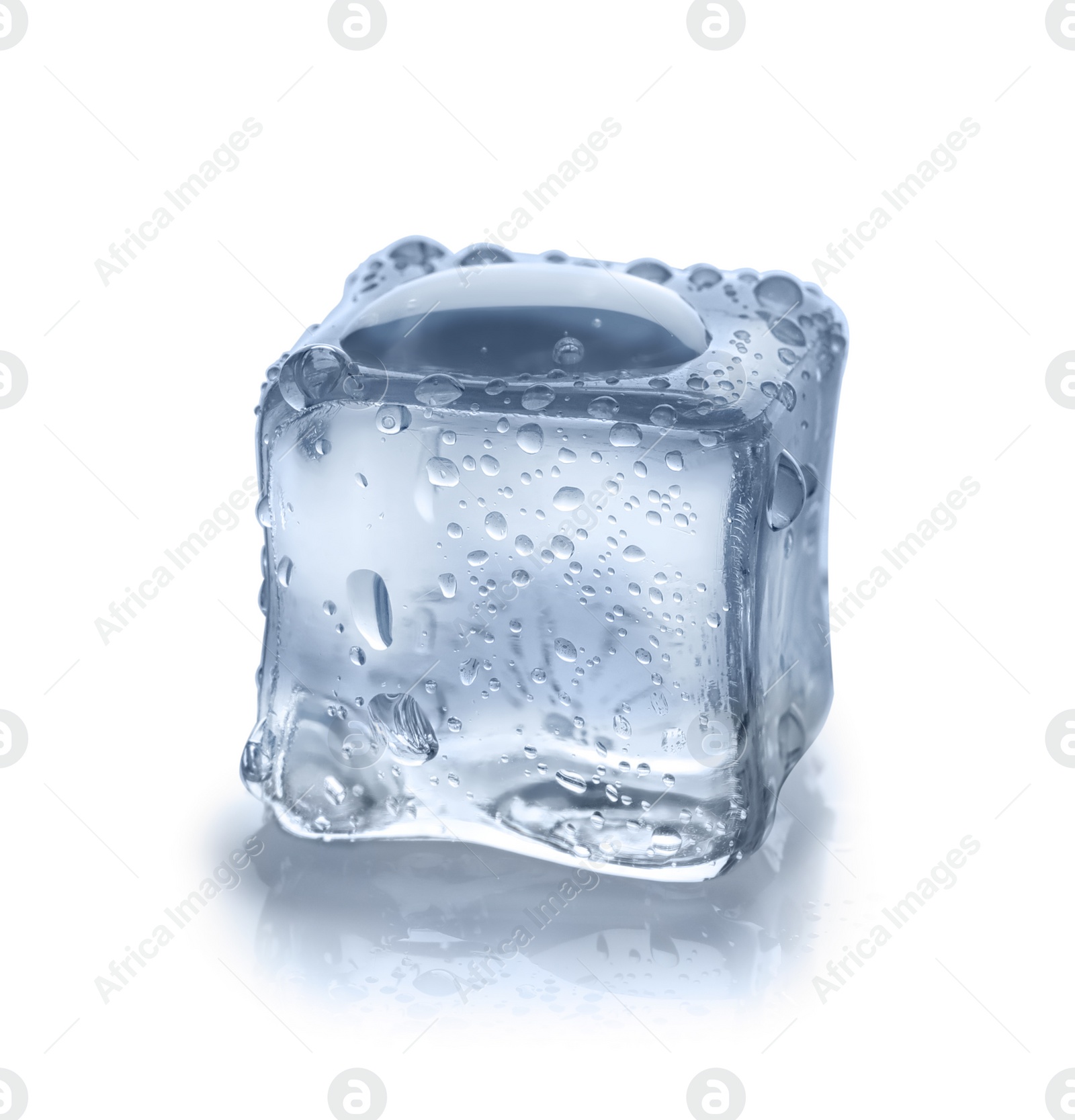 Photo of Crystal clear ice cube on white background