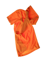 Photo of Rumpled orange t-shirt isolated on white. Messy clothes