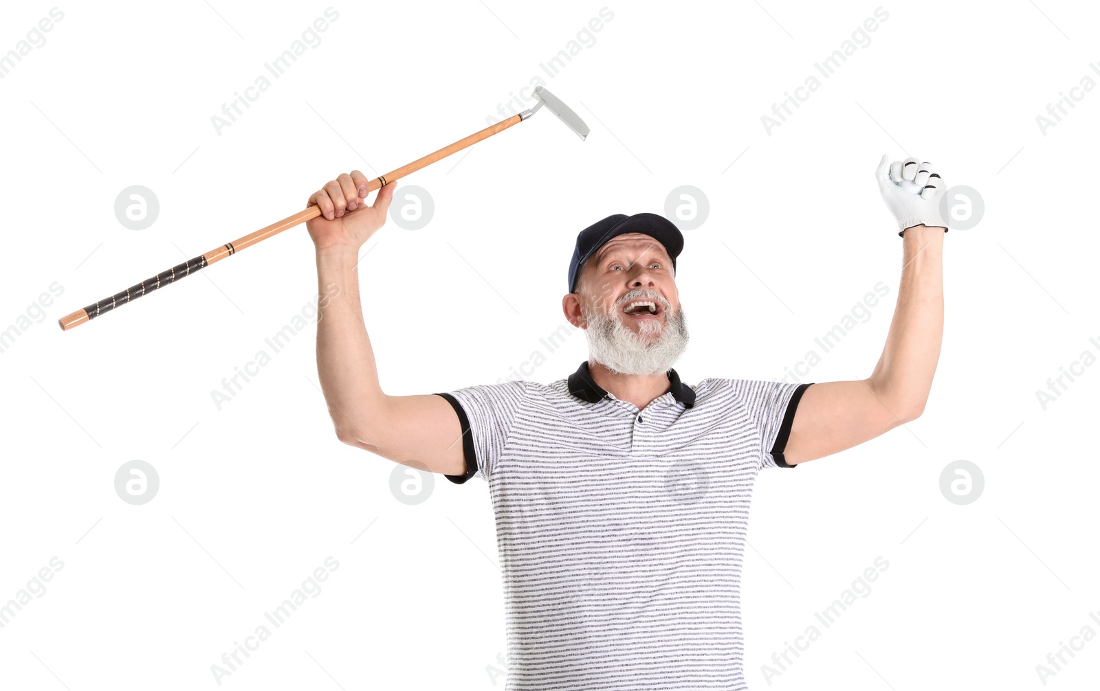 Photo of Senior man with golf club on white background