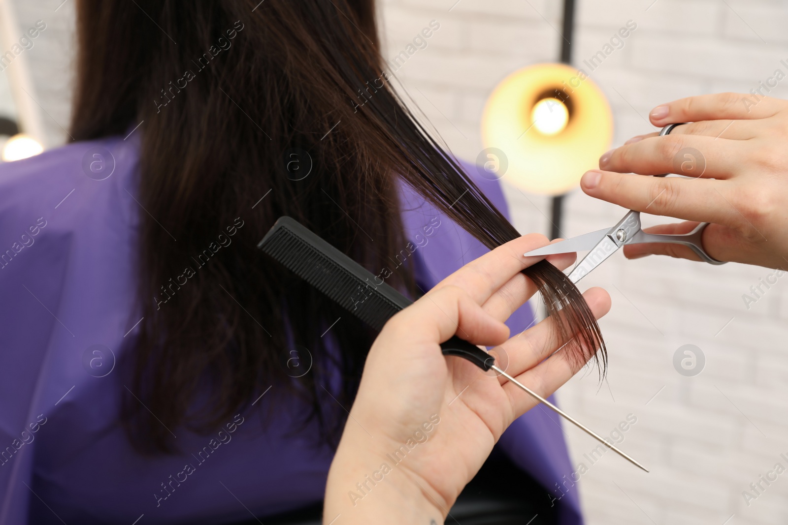 Photo of Professional stylist cutting client's hair in salon, closeup