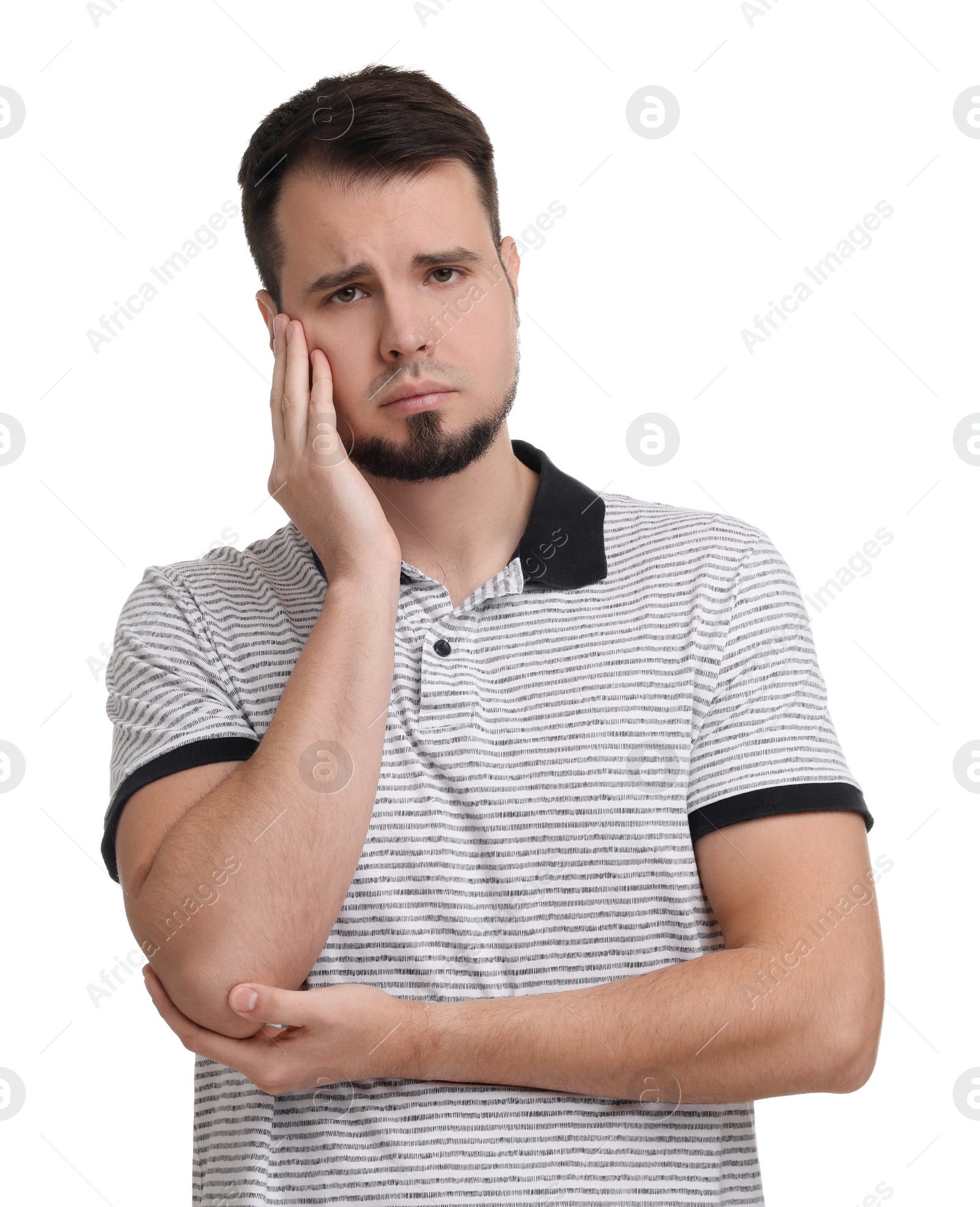 Photo of Portrait of sad man on white background