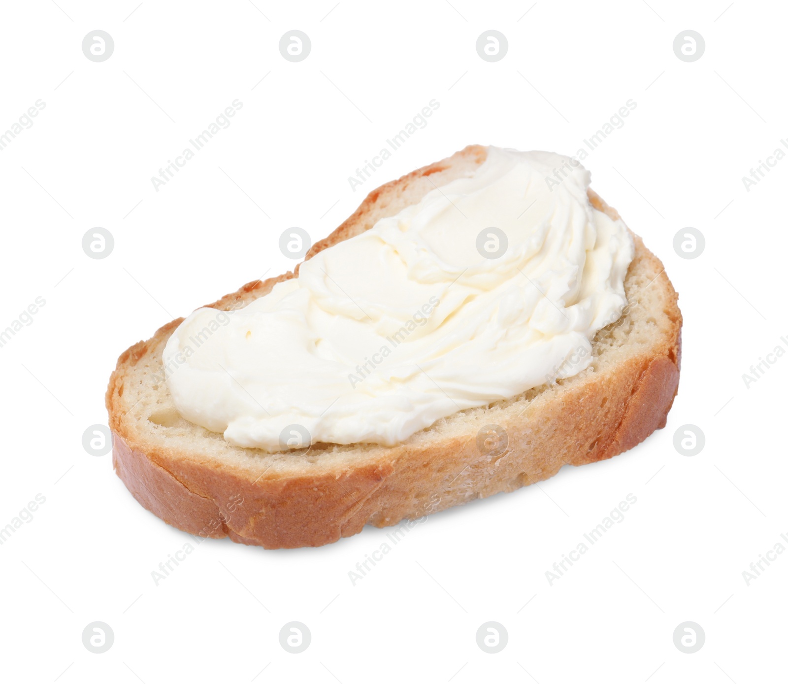 Photo of Slice of bread with tasty cream cheese isolated on white