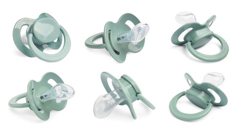 Collage of pale green baby pacifier on white background, views from different sides