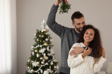 Portrait of lovely couple under mistletoe bunch in room decorated for Christmas