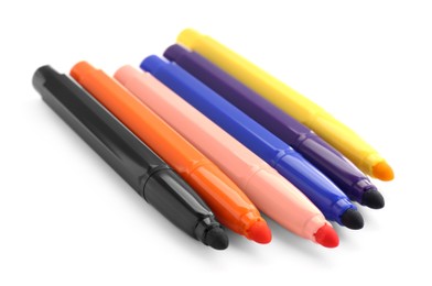 Photo of Many different colorful markers on white background