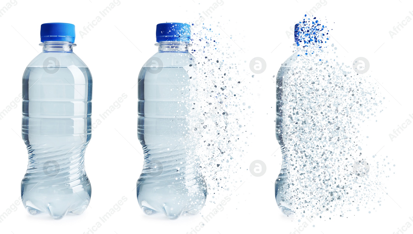 Image of Bottle of water vanishing on white background, set. Plastic decomposition
