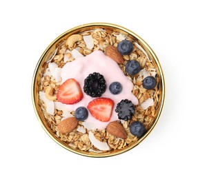 Photo of Tasty granola, yogurt and fresh berries in bowl on white background, top view. Healthy breakfast