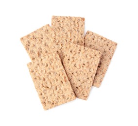 Photo of Fresh crunchy crispbreads on white background, top view