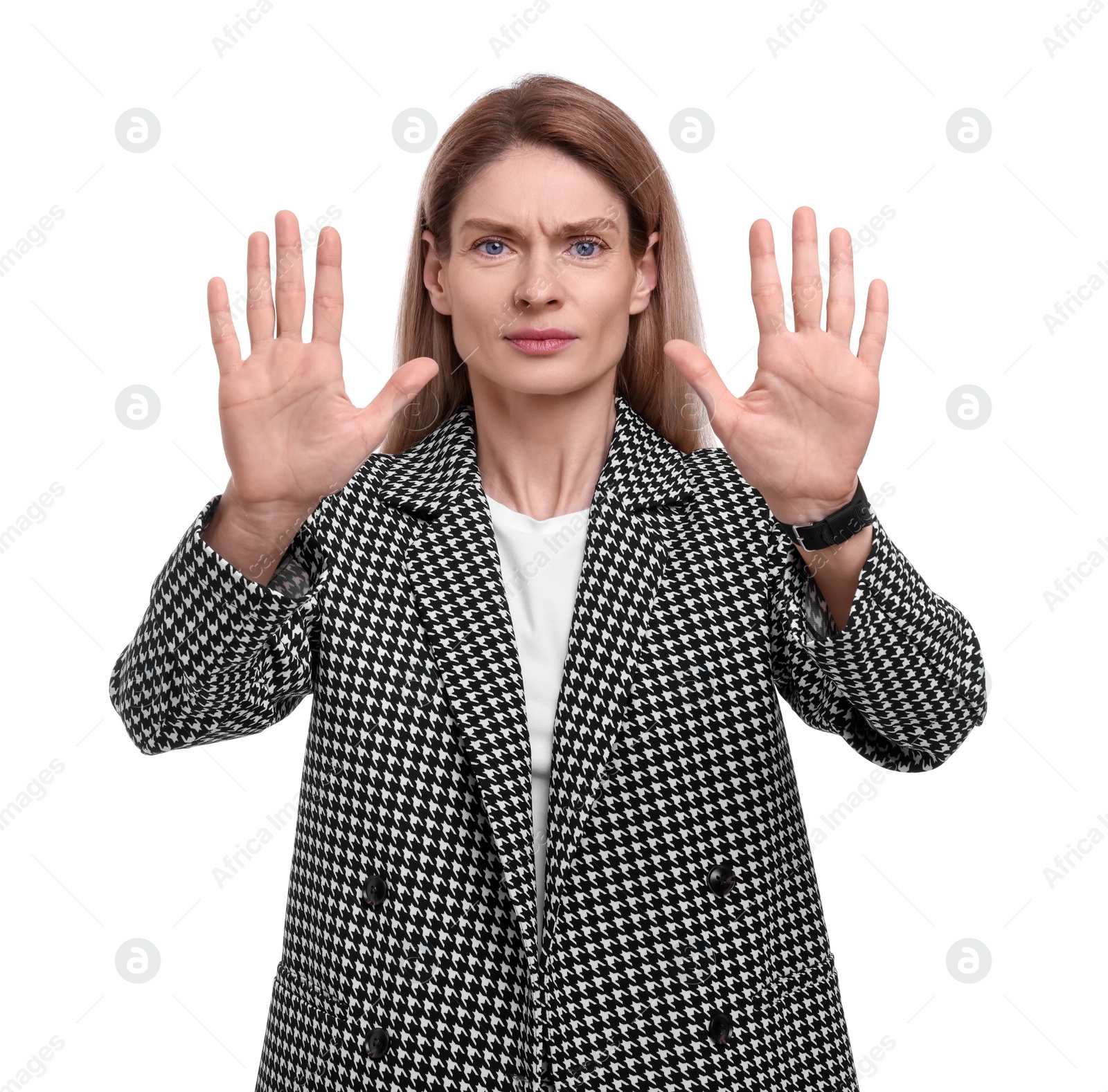 Photo of Beautiful businesswoman in suit posing on white background