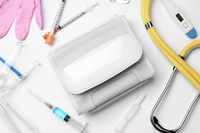 Photo of Flat lay composition with different medical objects on white background