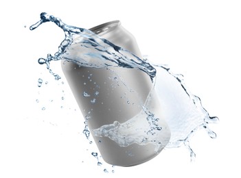 Image of Silver aluminum can with splash of water on white background