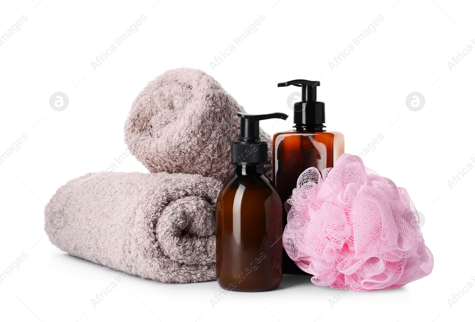 Photo of Personal hygiene products, shower puff and towels on white background