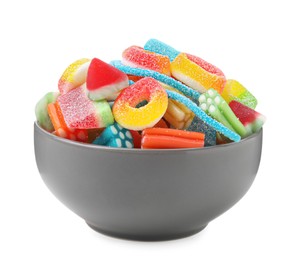 Bowl of tasty colorful jelly candies on white background