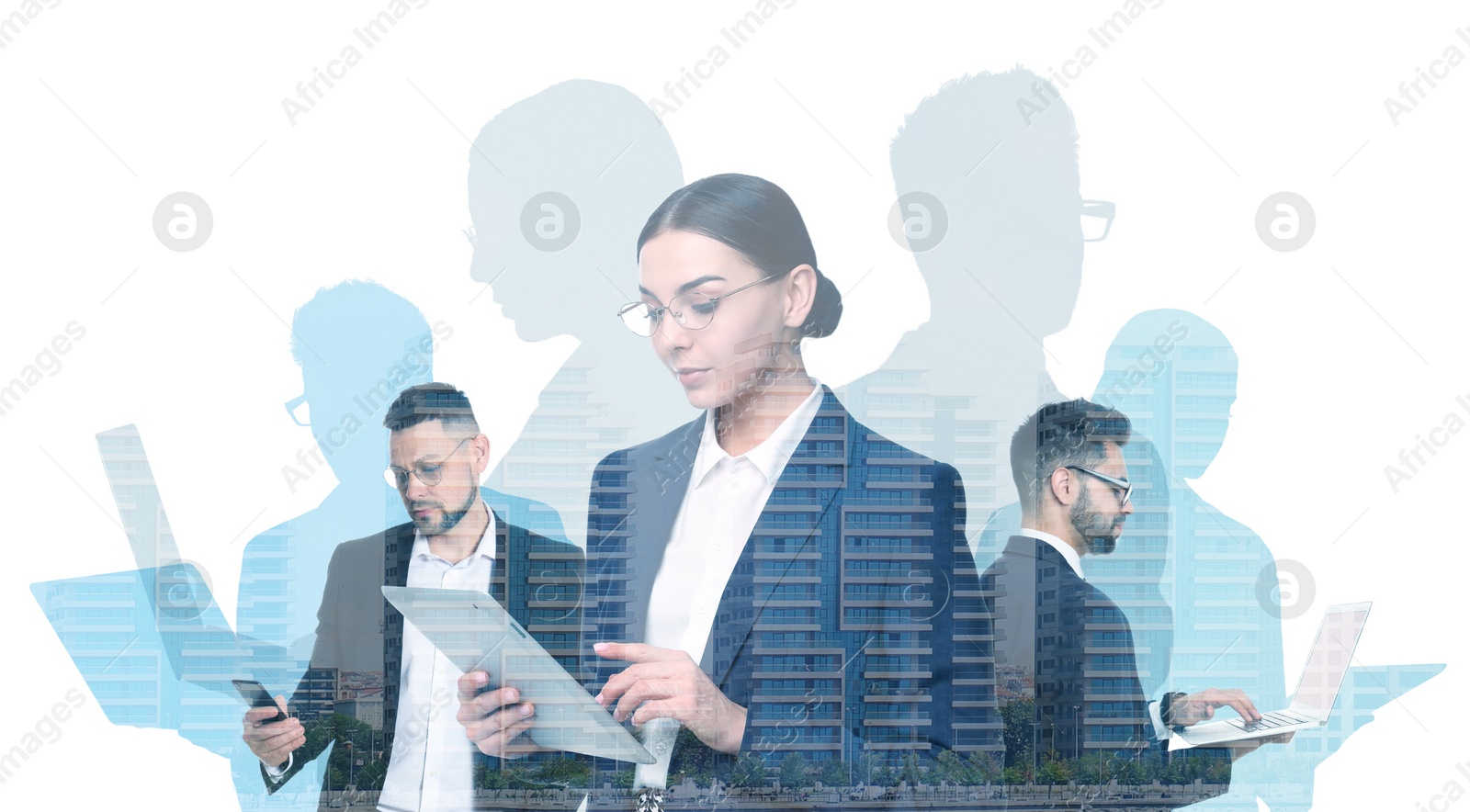 Image of Forex trading. Double exposure of business people with gadgets and cityscape