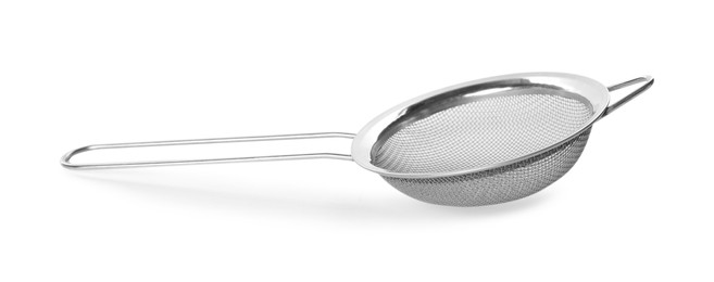 Photo of One metal sieve isolated on white. Cooking utensil