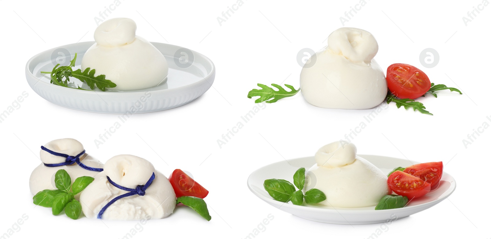 Image of Set with fresh delicious burrata cheese on white background