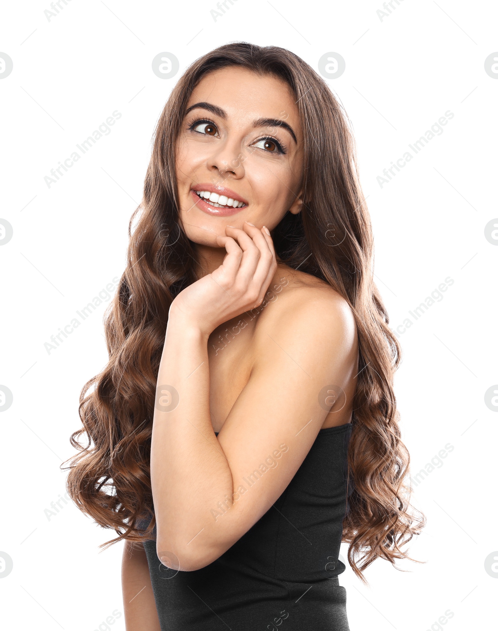 Photo of Beautiful woman with shiny wavy hair on white background