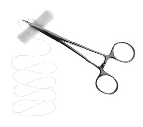 Photo of Forceps with suture thread and bandage roll on white background, top view. Medical equipment