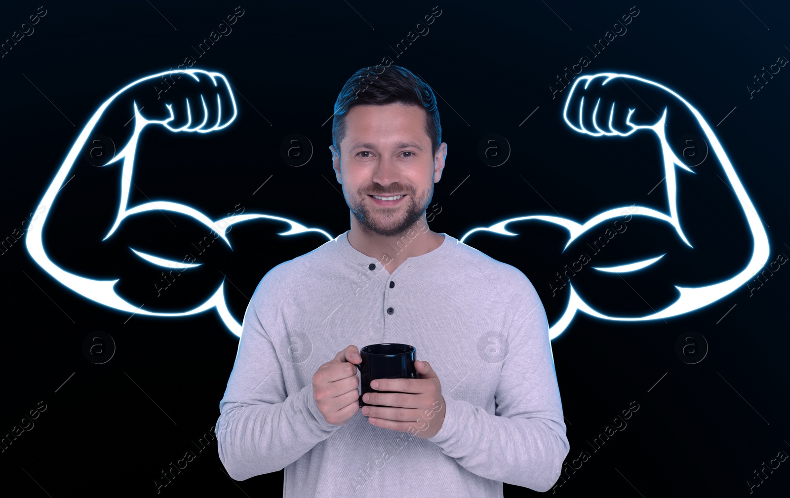 Image of Happy man with mug and illustration of muscular arms behind him on black background