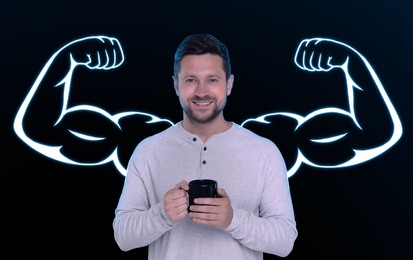 Image of Happy man with mug and illustration of muscular arms behind him on black background