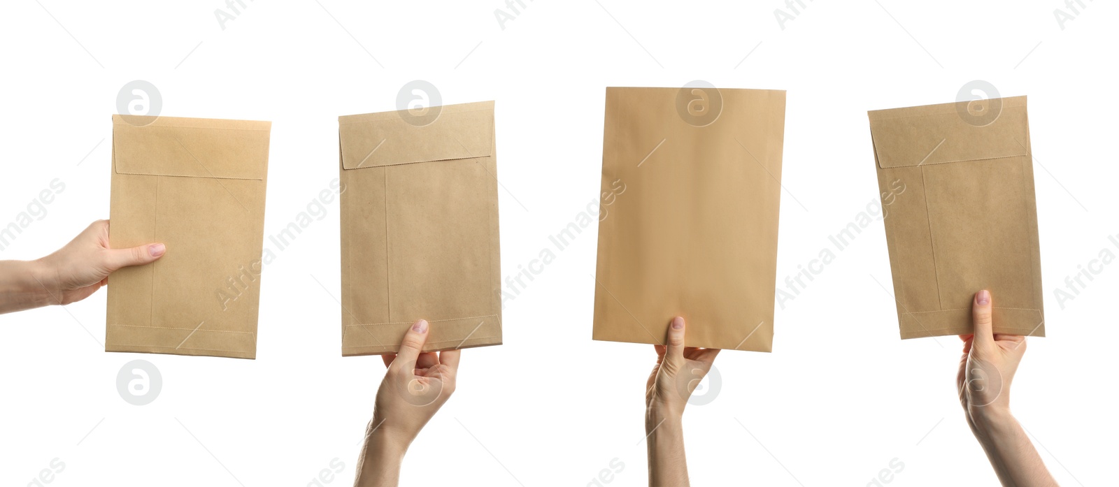 Image of Collage with photos of people holding paper envelopes on white background, closeup. Banner design