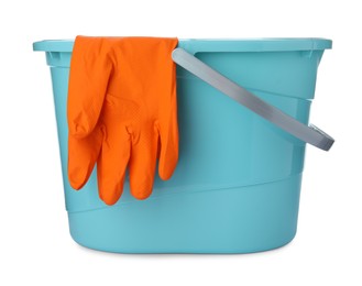 Photo of Light blue bucket with gloves for cleaning isolated on white