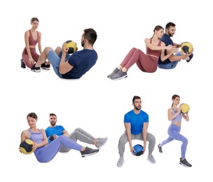 Athletic man and woman doing different exercises with medicine balls on white background, collage