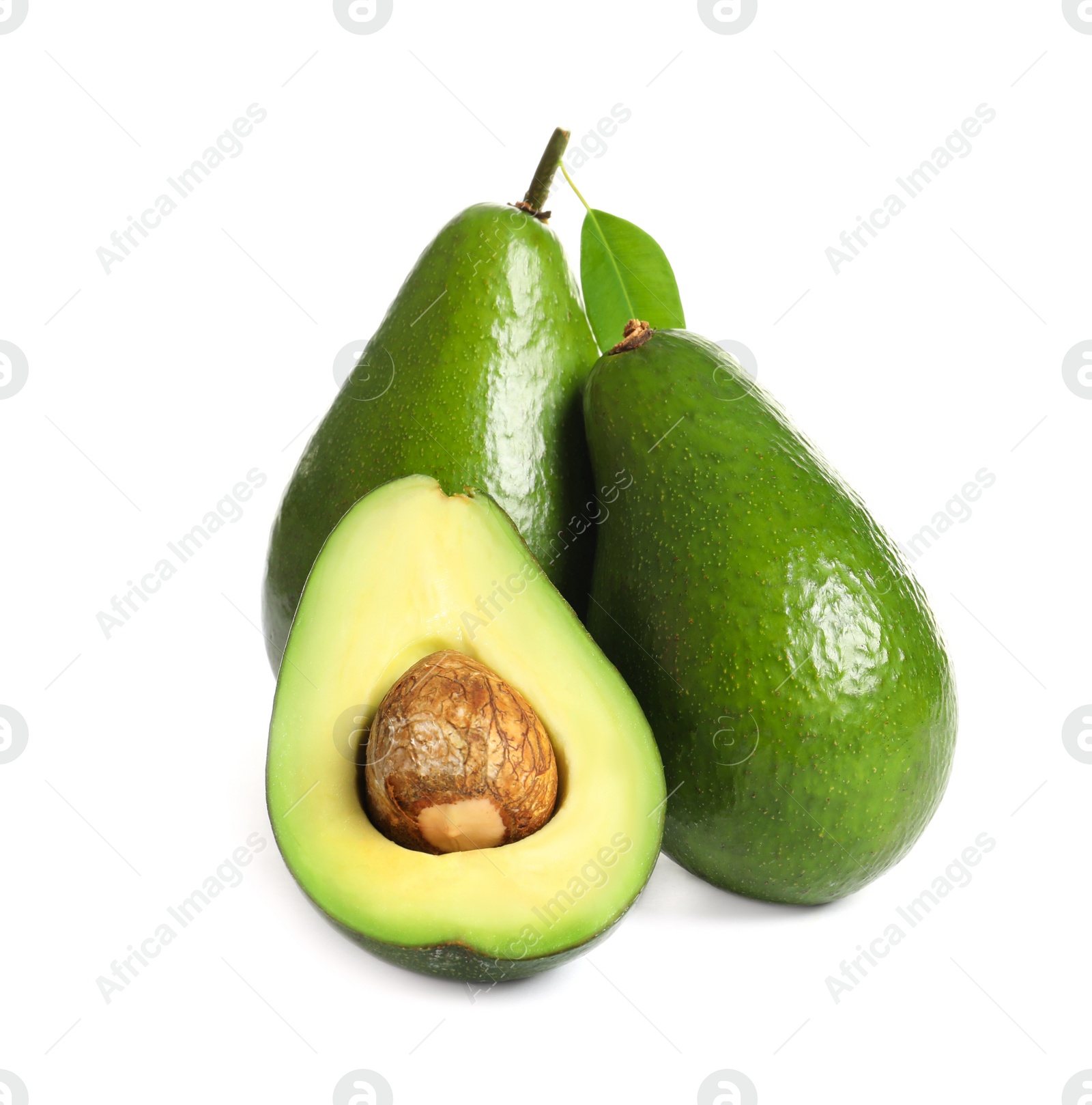 Photo of Ripe fresh avocados on white background