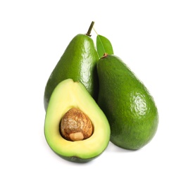 Photo of Ripe fresh avocados on white background