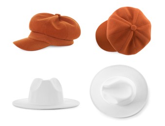 Image of Set with different stylish hats on white background. Trendy headdress